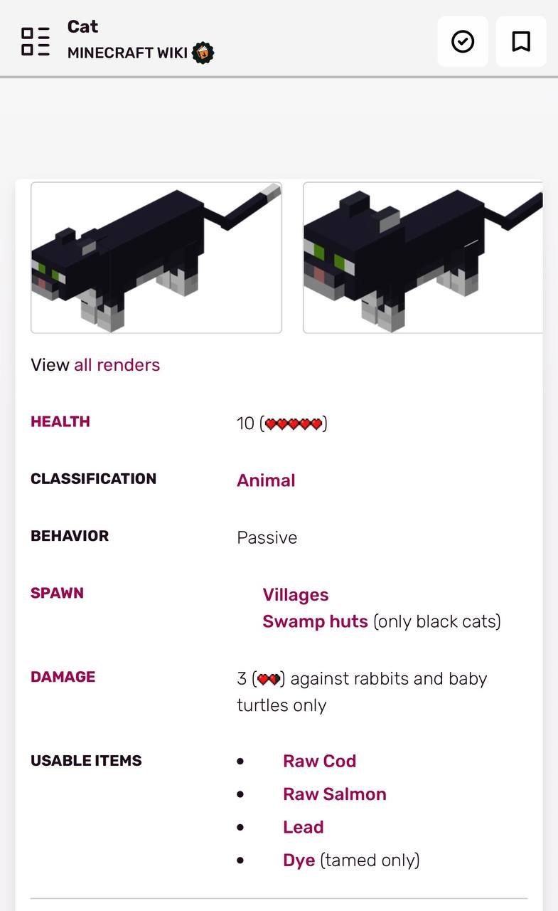 The Minecraft Wiki page for the Cat mob