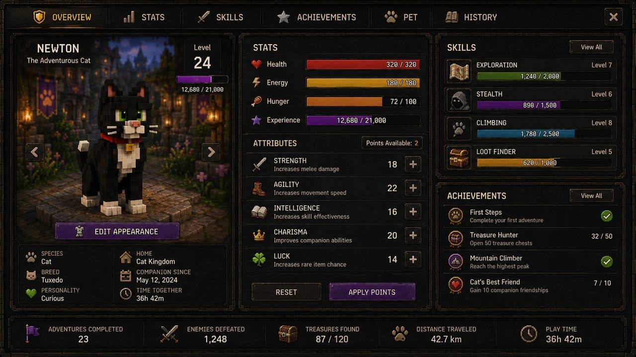 A game interface showing Newton the adventurous cat with stats and achievements